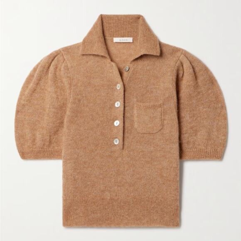 Doen Mila Alpaca Wool Button Collar Puff Short Sleeve Knit Sweater Top Hazelnut - Picture 11 of 14